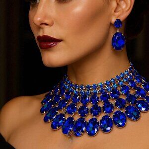 Royal Blue Ombre Chunky Bib Necklace Statement Earrings Wedding Jewelry Set